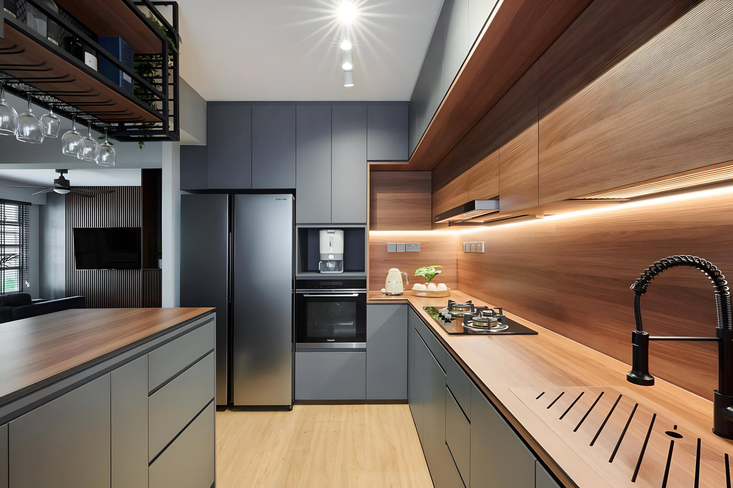 Modern kitchen with wooden cabinets, stainless steel appliances, and a black faucet.
