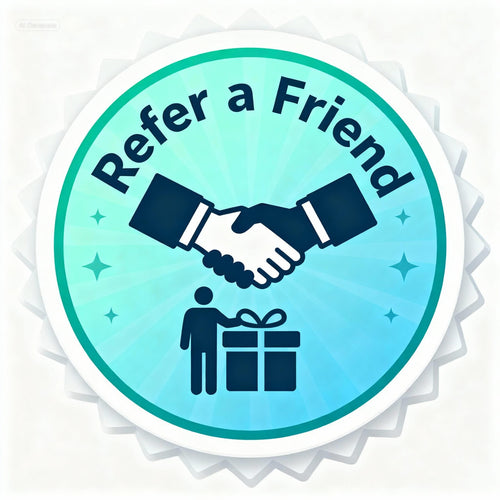 Icon with two hands shaking over a gift, symbolizing 'Refer a Friend' scheme.