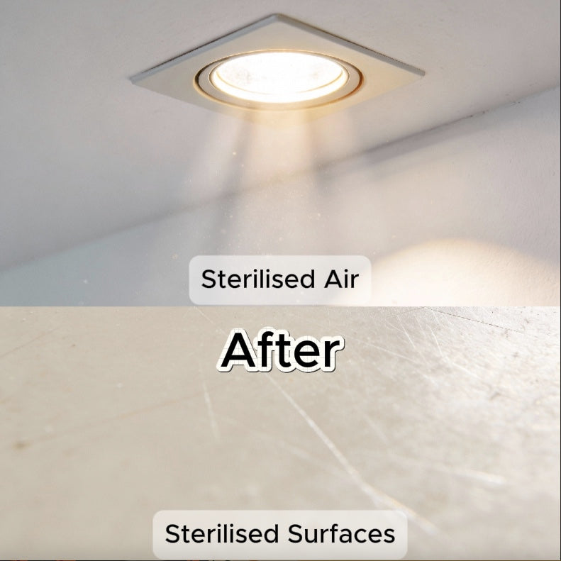 Comparison of sterilized air and surfaces with a light fixture and white surface.