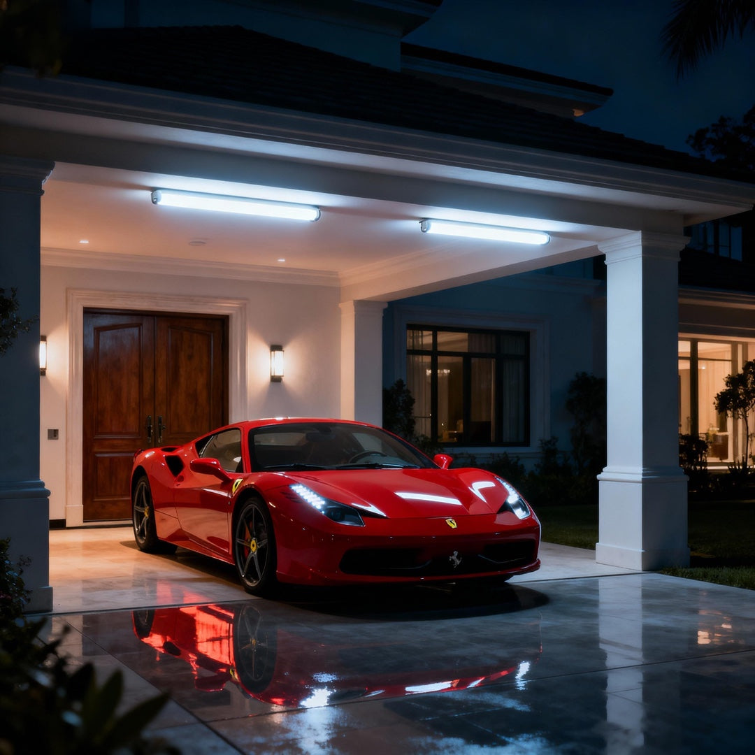 Red sports car parked in a driveway at night