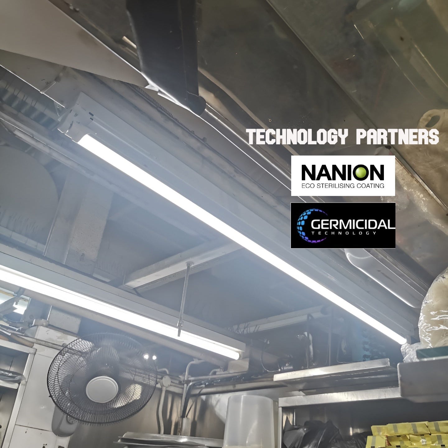 Commercial kitchen interior with Nalion and Germicidal Service logos displayed.