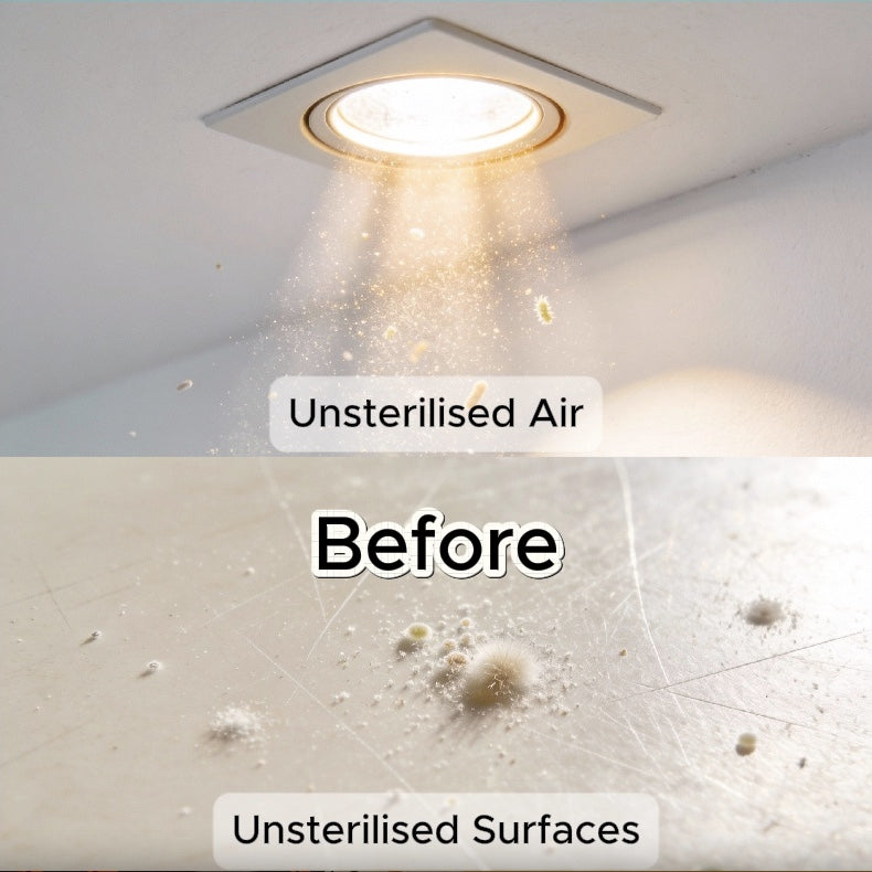 Comparison of unsterilised air and surfaces with a light fixture labeled 'Before'.