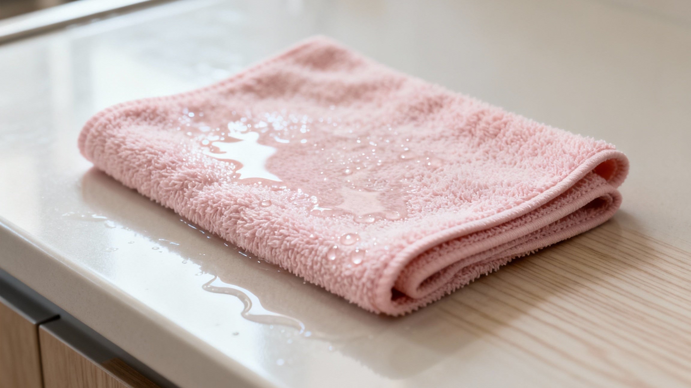 Pink towel on a kitchen counter with water droplets