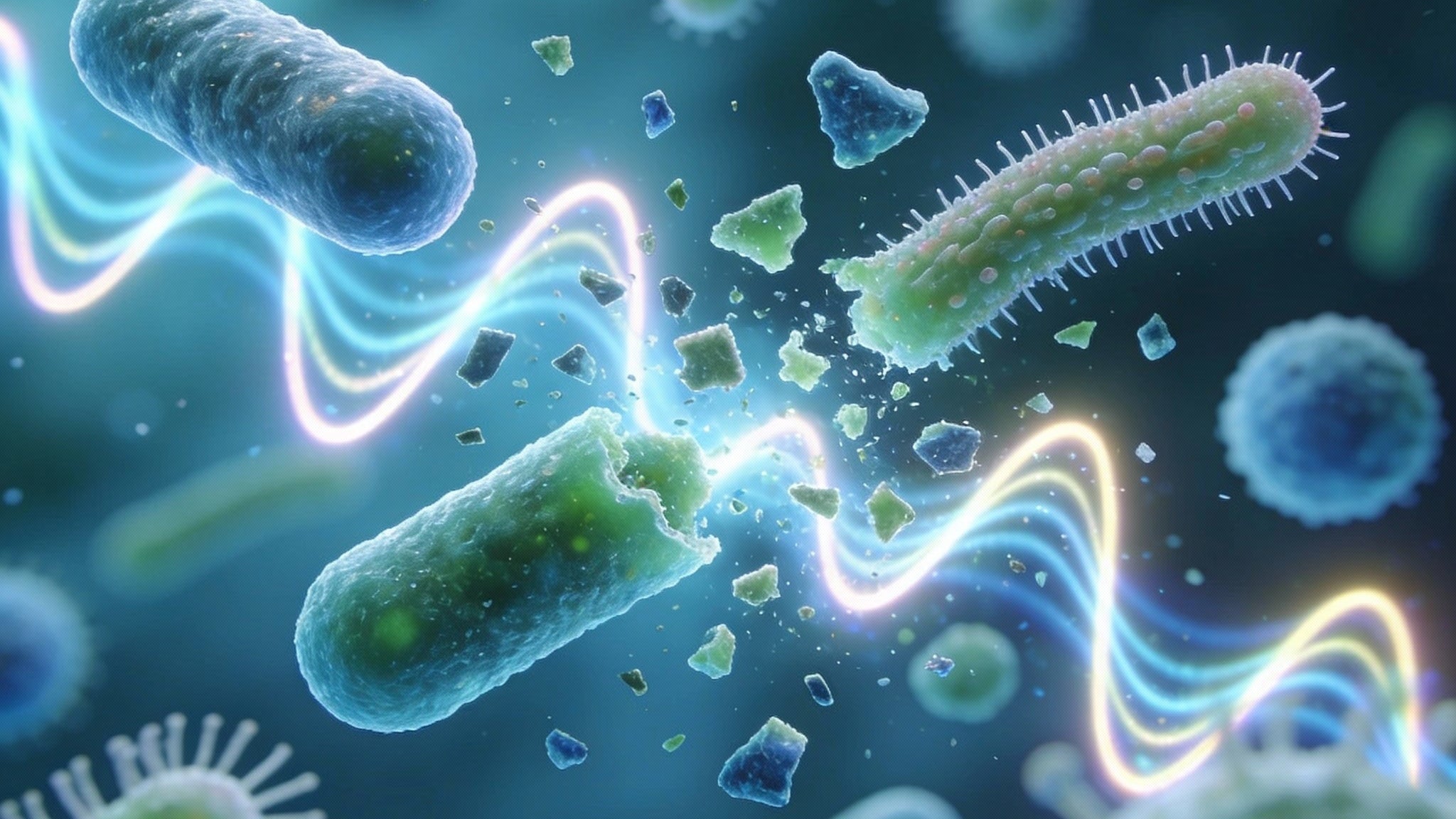 Microscopic view of bacteria and viruses with energy waves on a dark background