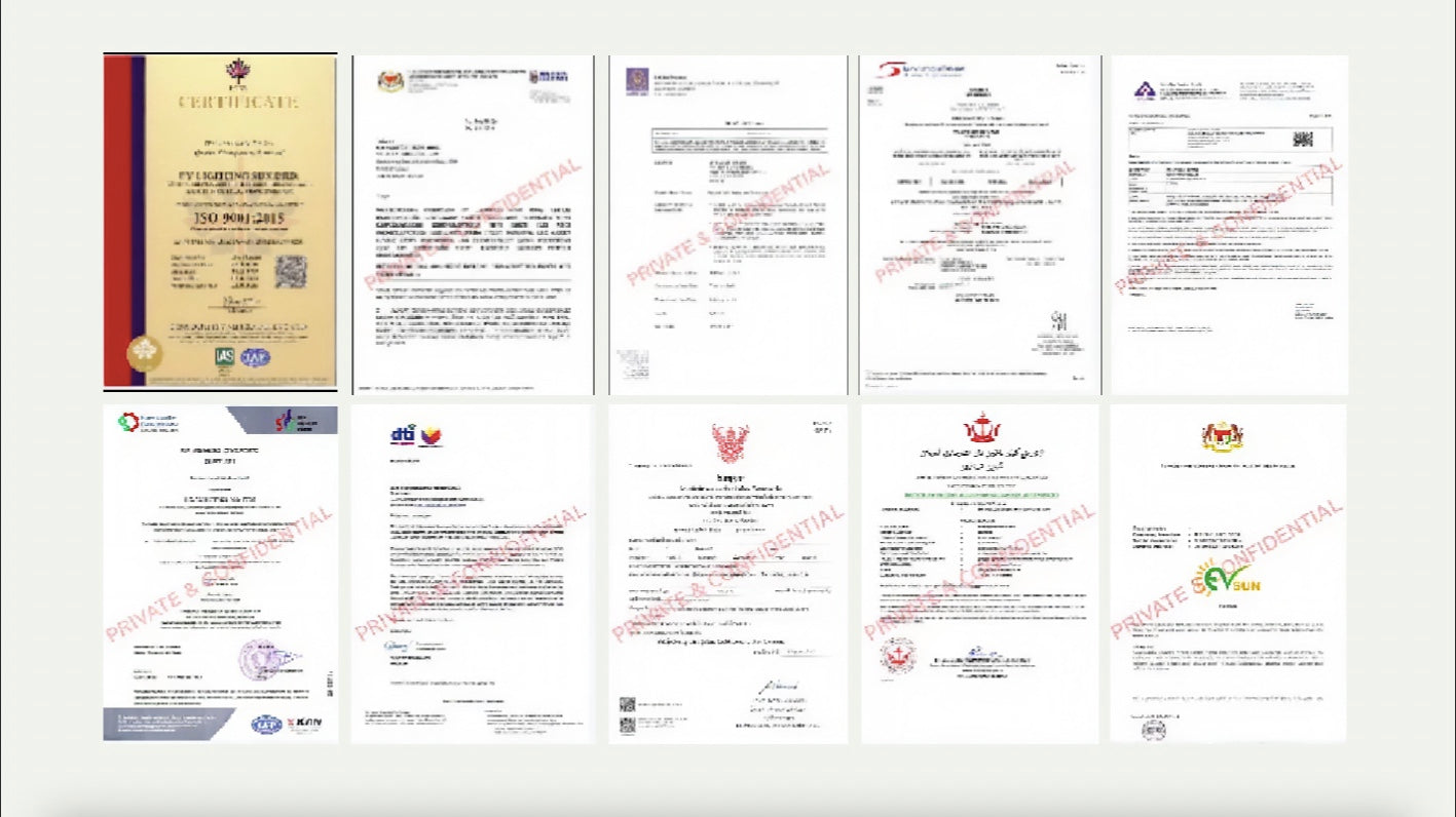 Collection of certification documents with various logos on a white background