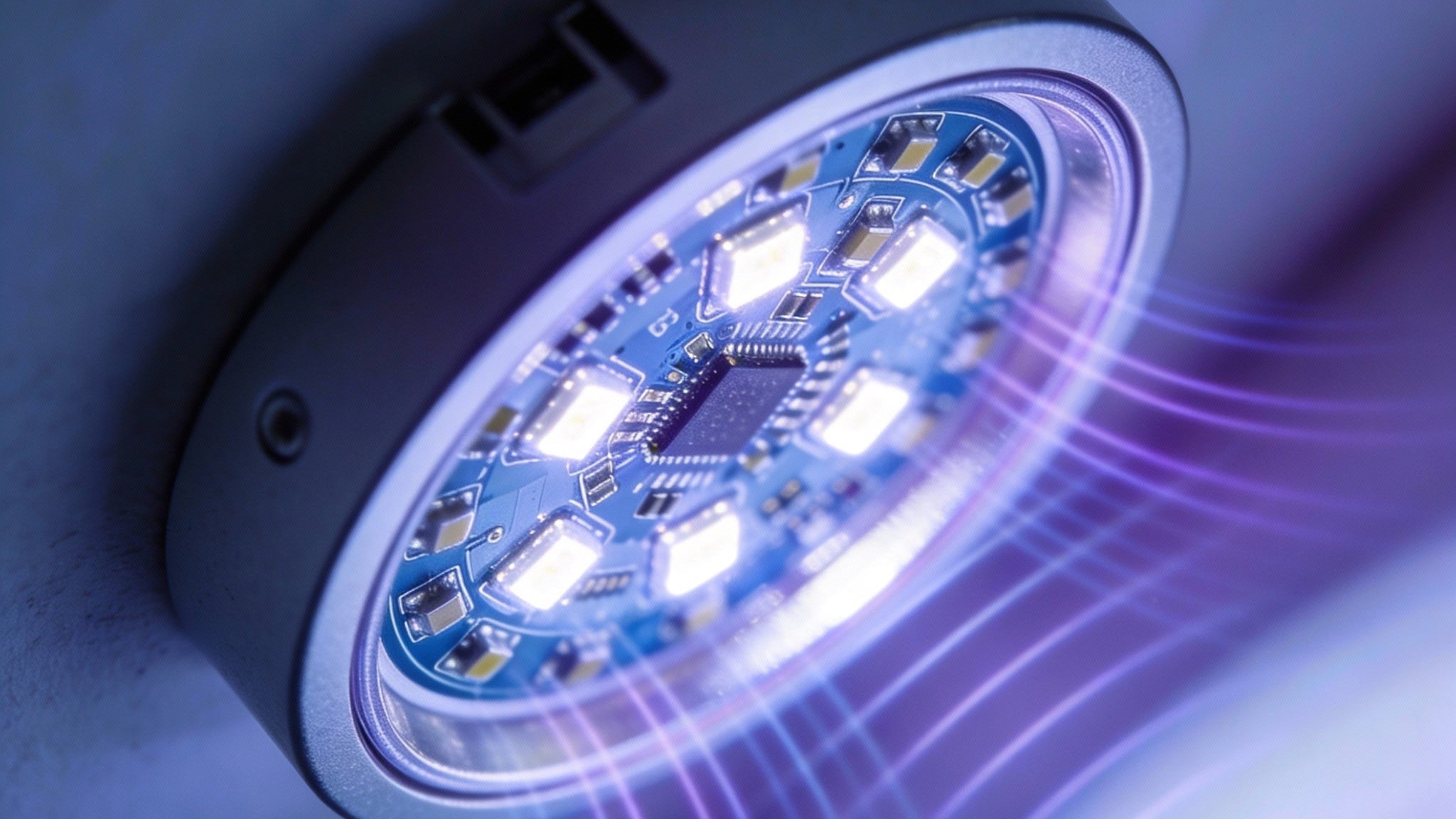 Close-up of a circular electronic device with LED lights on a white background