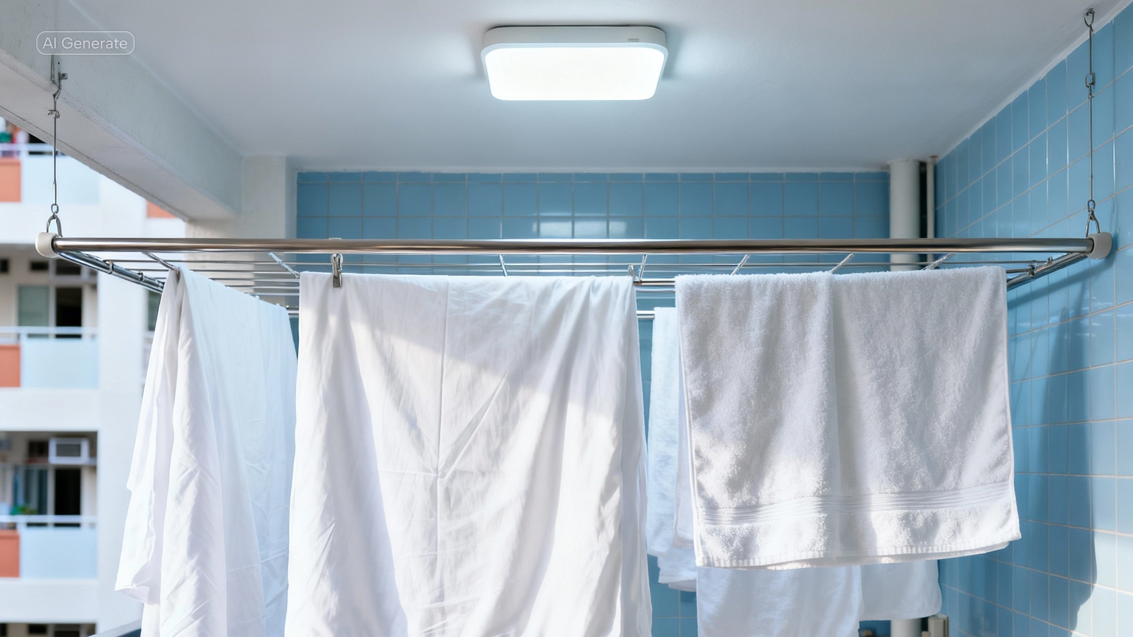 White towels hanging on a clothesline against a blue tiled wall with a washing machine below.